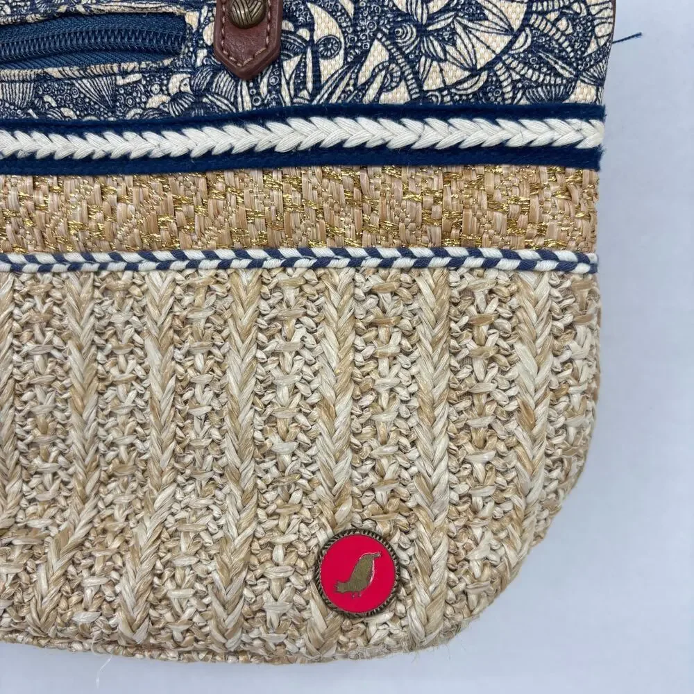 Sakroots Ellis Straw Satchel Shoulder Bag Blue Floral Boho Leather Trim Handbag - Picture 7 of 11